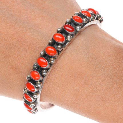 6.8" Nelson Burbank Navajo sterling silver Mediterranean coral row cuff bracelet