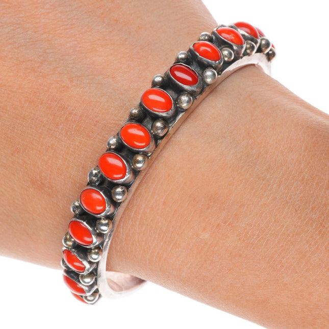 6.8" Nelson Burbank Navajo sterling silver Mediterranean coral row cuff bracelet