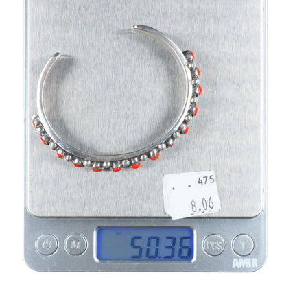 6.8" Nelson Burbank Navajo sterling silver Mediterranean coral row cuff bracelet