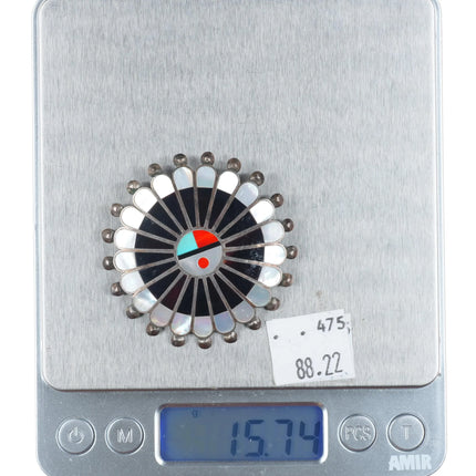 60's-70's Zuni sterling silver shell/stone inlay sunface penant/pin