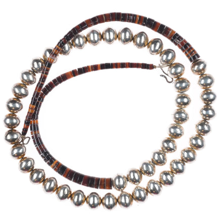28" Vintage Navajo pearl/Kewa shell beaded heishi necklace sterling silver