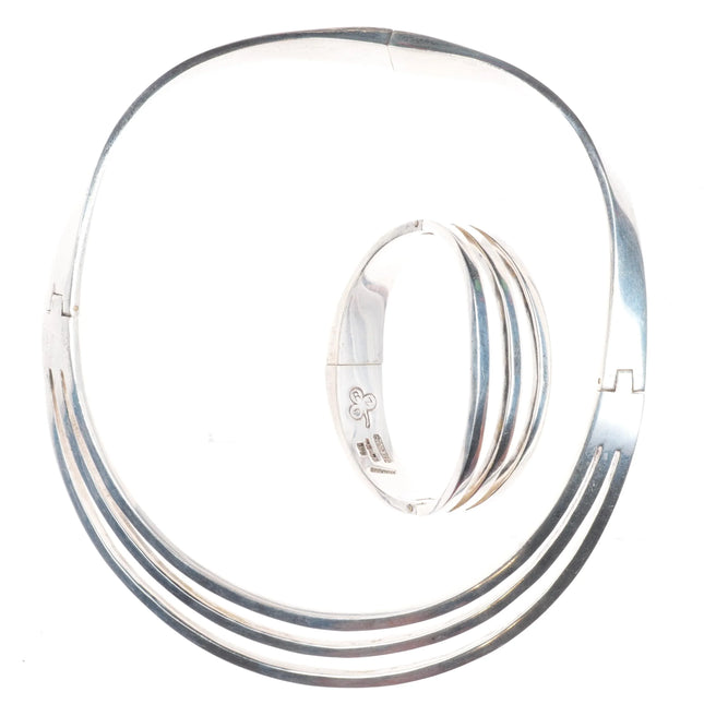 Heavy vintage sterling silver Mexican modernist bar choker/bangle bracelet