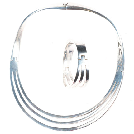 Heavy vintage sterling silver Mexican modernist bar choker/bangle bracelet