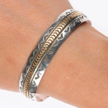 6.9" Dawn Lucas Navajo sterling silver 14k gold heavily stamped cuff bracelet