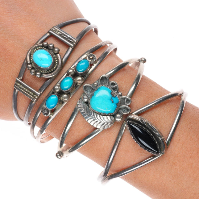 6.25" (4) Vintage Navajo sterling silver/onyx cuff bracelets lot