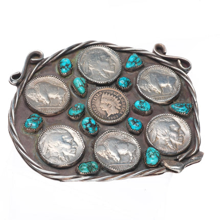 Large vintage Navajo sterling silver, turquoise, buffalo nickel belt buckle