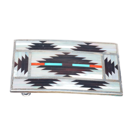 Charlotte Dishta Zuni sterling silver inlaid Navajo rug pattern belt buckle