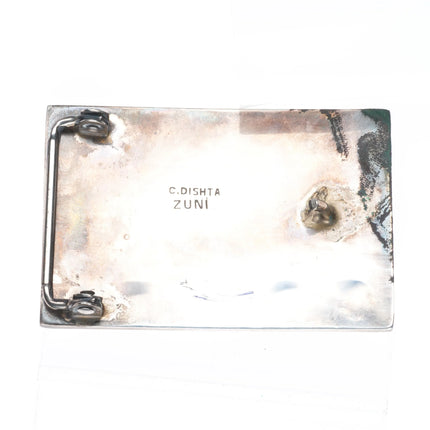 Charlotte Dishta Zuni sterling silver inlaid Navajo rug pattern belt buckle