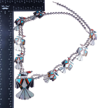 Vintage Zuni Sterling silver thunderbird channel inlay squash blossom necklace