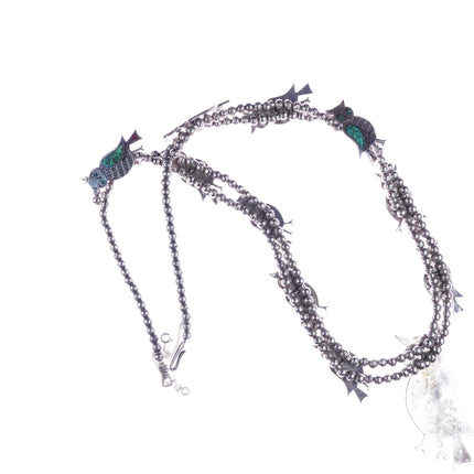 Vintage Navajo sterling silver chip inlay turquoise owls squash blossom necklace