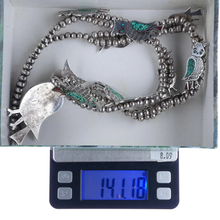 Vintage Navajo sterling silver chip inlay turquoise owls squash blossom necklace