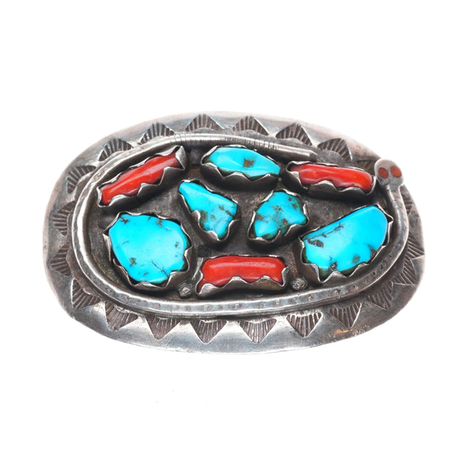 Vintage Effie Calavaza Zuni sterling silver - turquoise/coral snake belt buckle