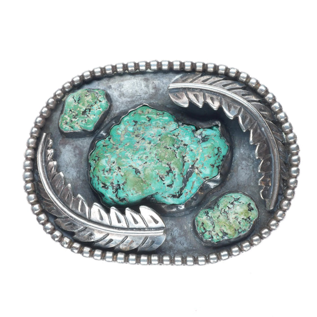 Big vintage 1960's Sterling silver/green turquoise nugget feather belt buckle