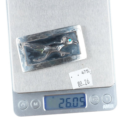 1960's Vintage Sterling silver Navajo roadrunner belt buckle w/turquoise eye