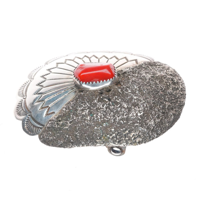 Foster Yazzie Navajo sterling silver Mediterranean coral vintage belt buckle