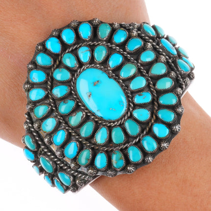 6.5" c1950 Vintage natural turquoise Zuni sterling silver cluster cuff bracelet