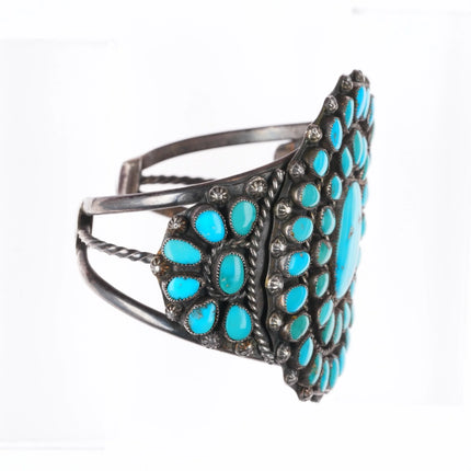 6.5" c1950 Vintage natural turquoise Zuni sterling silver cluster cuff bracelet