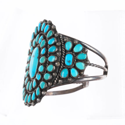 6.5" c1950 Vintage natural turquoise Zuni sterling silver cluster cuff bracelet