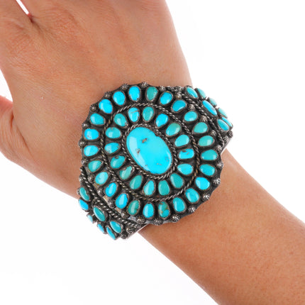 6.5" c1950 Vintage natural turquoise Zuni sterling silver cluster cuff bracelet