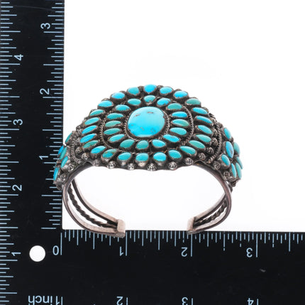 6.5" c1950 Vintage natural turquoise Zuni sterling silver cluster cuff bracelet