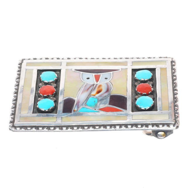 Natewa Zuni sterling silver, turquoise, coral, shell owl vintage belt buckle