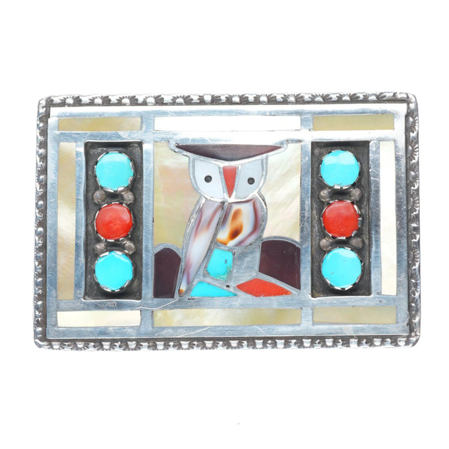 Natewa Zuni sterling silver, turquoise, coral, shell owl vintage belt buckle