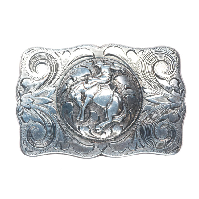 Vintage 50's-60's Hand Engraved sterling silver bucking bronco belt buckle