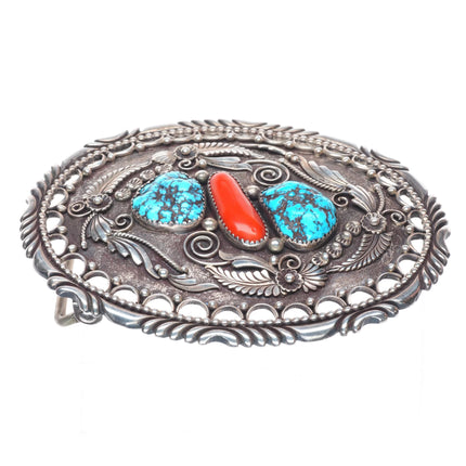 Oliver Smith Navajo sterling silver, turquoise, coral pierced edge belt buckle