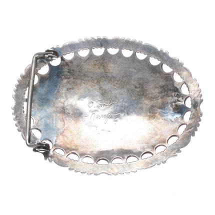 Oliver Smith Navajo sterling silver, turquoise, coral pierced edge belt buckle