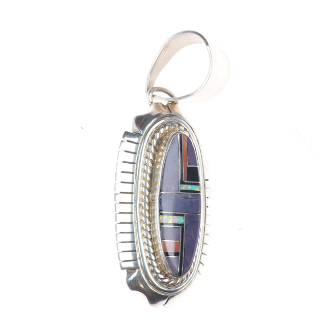 FF Navajo sterling silver, charoite, opal, coral sterling silver inlay pendant
