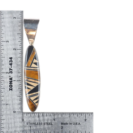 Navajo sterling silver tiger's eye, petrified wood, black jade inlay pendant