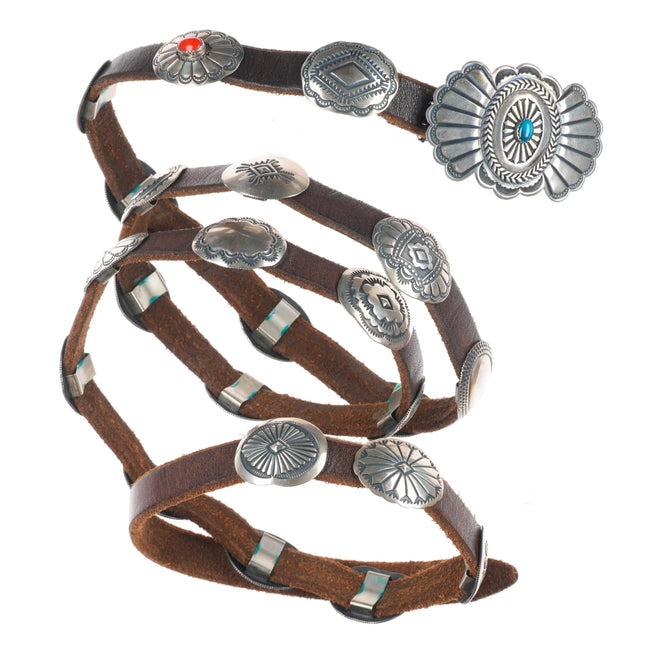 Patrick Ohlinger Coin/Sterling silver, turquoise, coral hand stamped concho belt