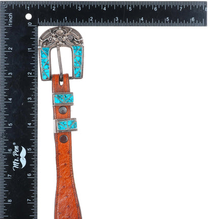 Vintage Navajo sterling silver spiderweb turquoise inlay ranger belt buckle set