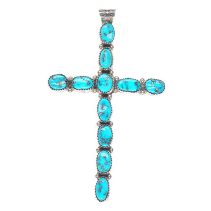 Large BM Navajo sterling silver Kingman turquoise row cross pendant