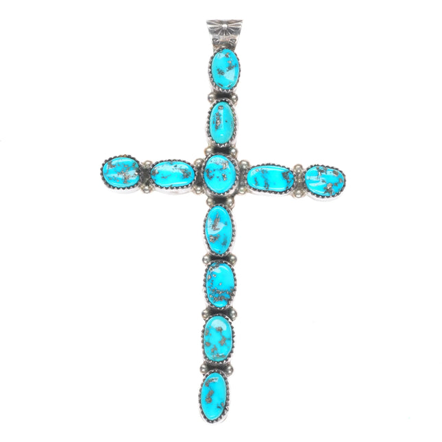Large BM Navajo sterling silver Kingman turquoise row cross pendant