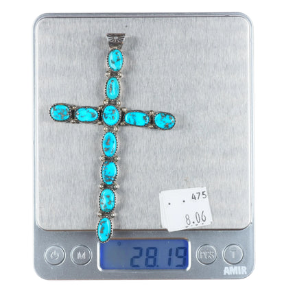 Large BM Navajo sterling silver Kingman turquoise row cross pendant