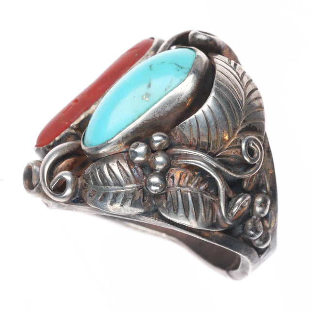 sz11.5 Large Vintage Jerry Roan Navajo sterling silver, turquoise/coral ring