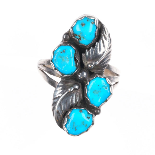 sz7 vintage Navajo 4 stone turquoise sterling silver feather ring size 7
