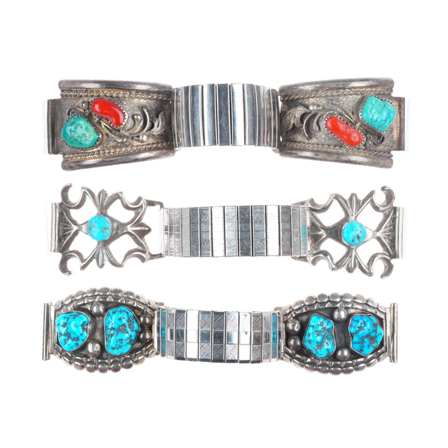 3 Vintage Navajo sterling silver, turquoise, coral watch tips/bands