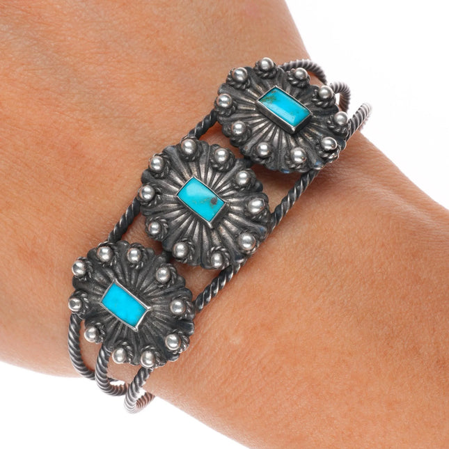 6.35" 40's-50's Navajo sterling silver twisted wire 3 stone cuff bracelet