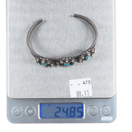 6.35" 40's-50's Navajo sterling silver twisted wire 3 stone cuff bracelet