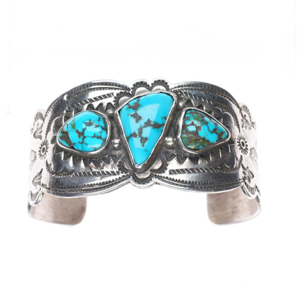 6.5" Wide 30's-40's Navajo sterling silver 3 stone turquoise cuff bracelet