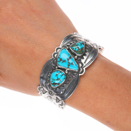 6.5" Wide 30's-40's Navajo sterling silver 3 stone turquoise cuff bracelet