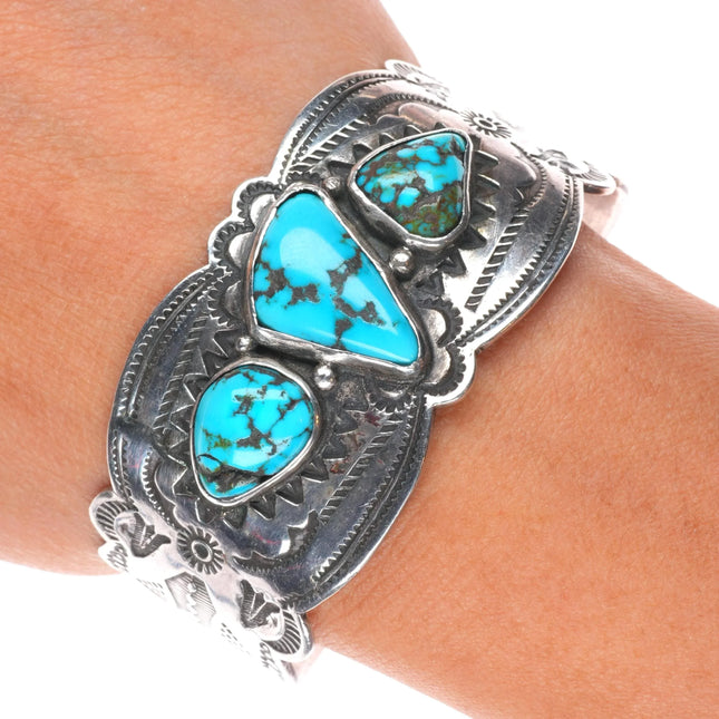 6.5" Wide 30's-40's Navajo sterling silver 3 stone turquoise cuff bracelet