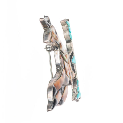 c1950's Zuni sterling silver channel inlay multi-stone/turquoise roadrunner pin
