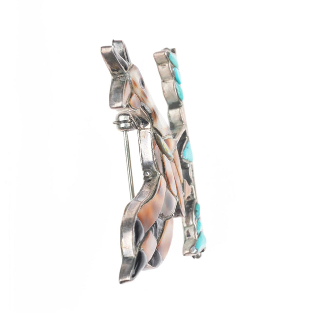 c1950's Zuni sterling silver channel inlay multi-stone/turquoise roadrunner pin