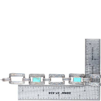 7" Vintage hand stamped sterling silver Fred Harvey turquoise link bracelet