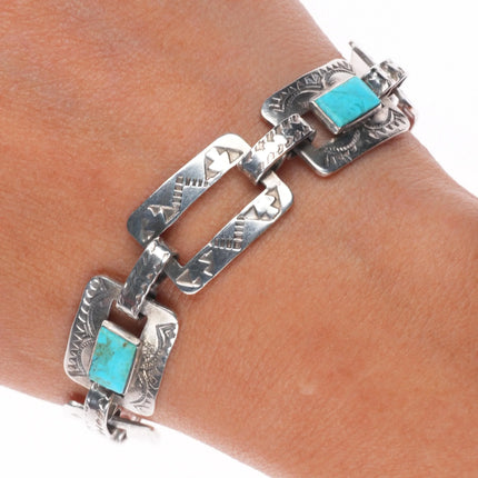 7" Vintage hand stamped sterling silver Fred Harvey turquoise link bracelet