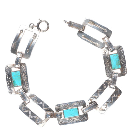 7" Vintage hand stamped sterling silver Fred Harvey turquoise link bracelet