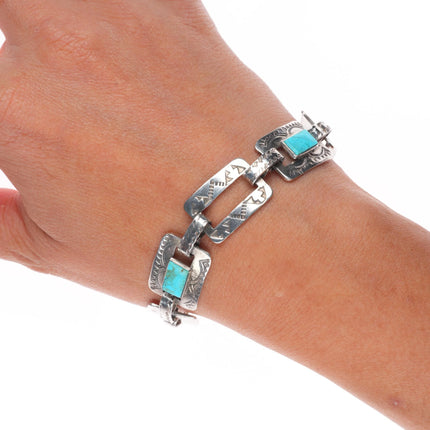 7" Vintage hand stamped sterling silver Fred Harvey turquoise link bracelet